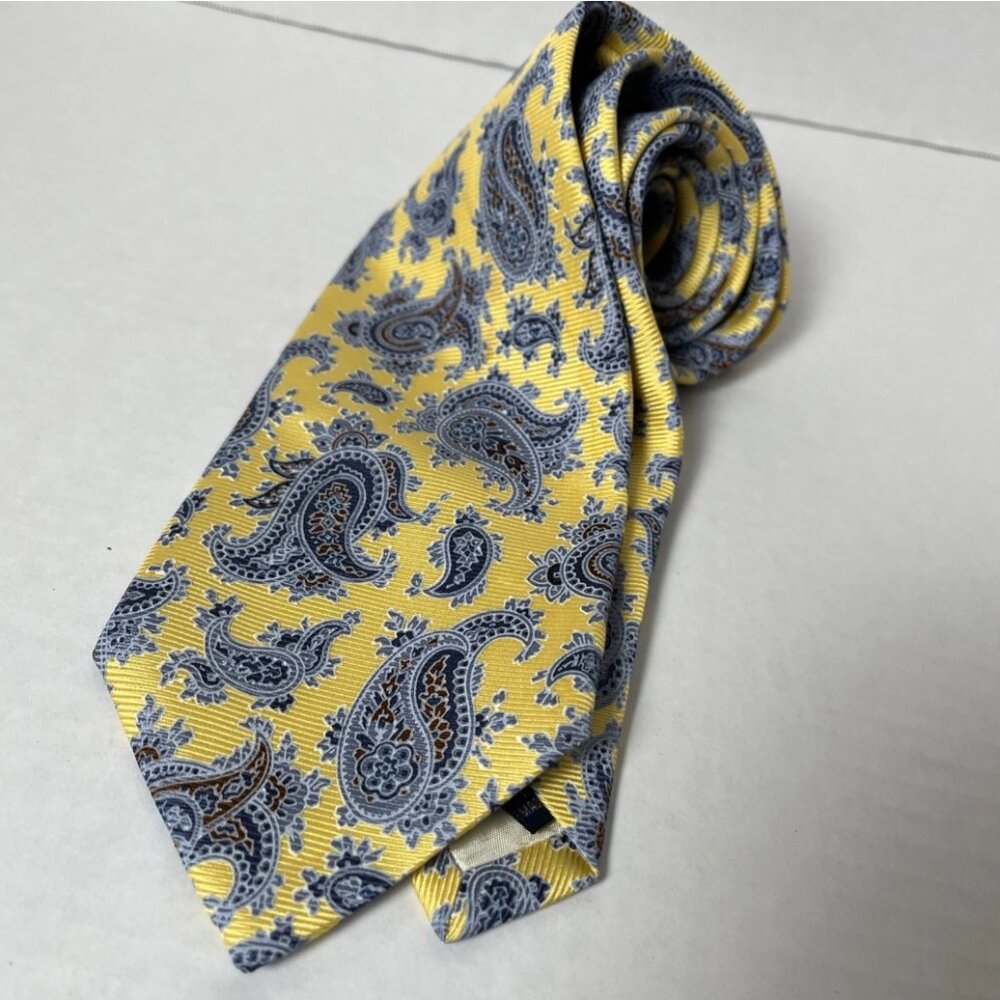 Paul Fredrick Silk Tie Yellow Blue Paisley Classic Wedding Preppy